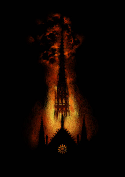 front-silhouette-of-burning-notre-dame-illustration-id1150937665