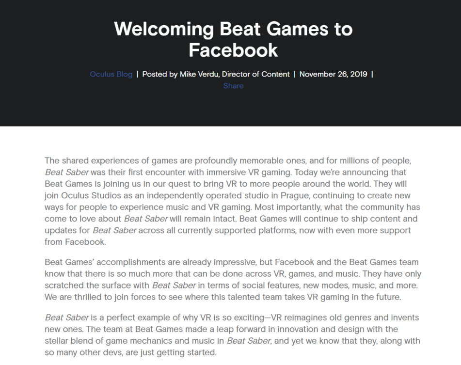 Facebook Aquires Beat Games Beat Saber Resetera